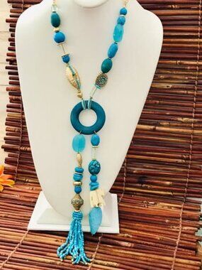 NWT CHICO'S Faux Turquoise Double Tassel Necklace.
